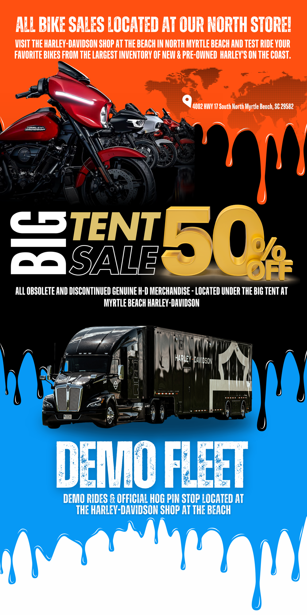 Bike Week banner showing Harley-Davidson motorcycles with text that reads ‘ALL BIKES 50% OFF TENT SALE